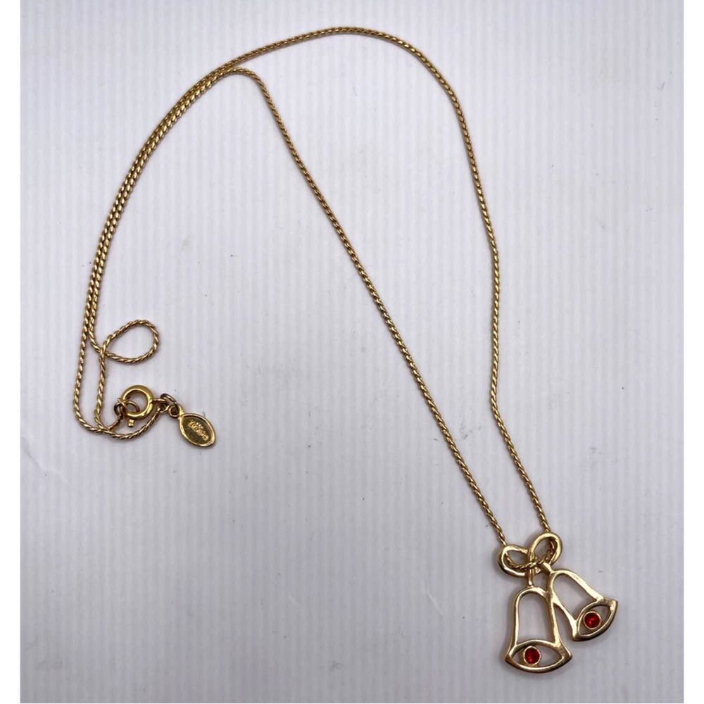 VTG 1980 Avon Gold Tone Christmas Bell Necklace Red Glowing Bells 17 Inches